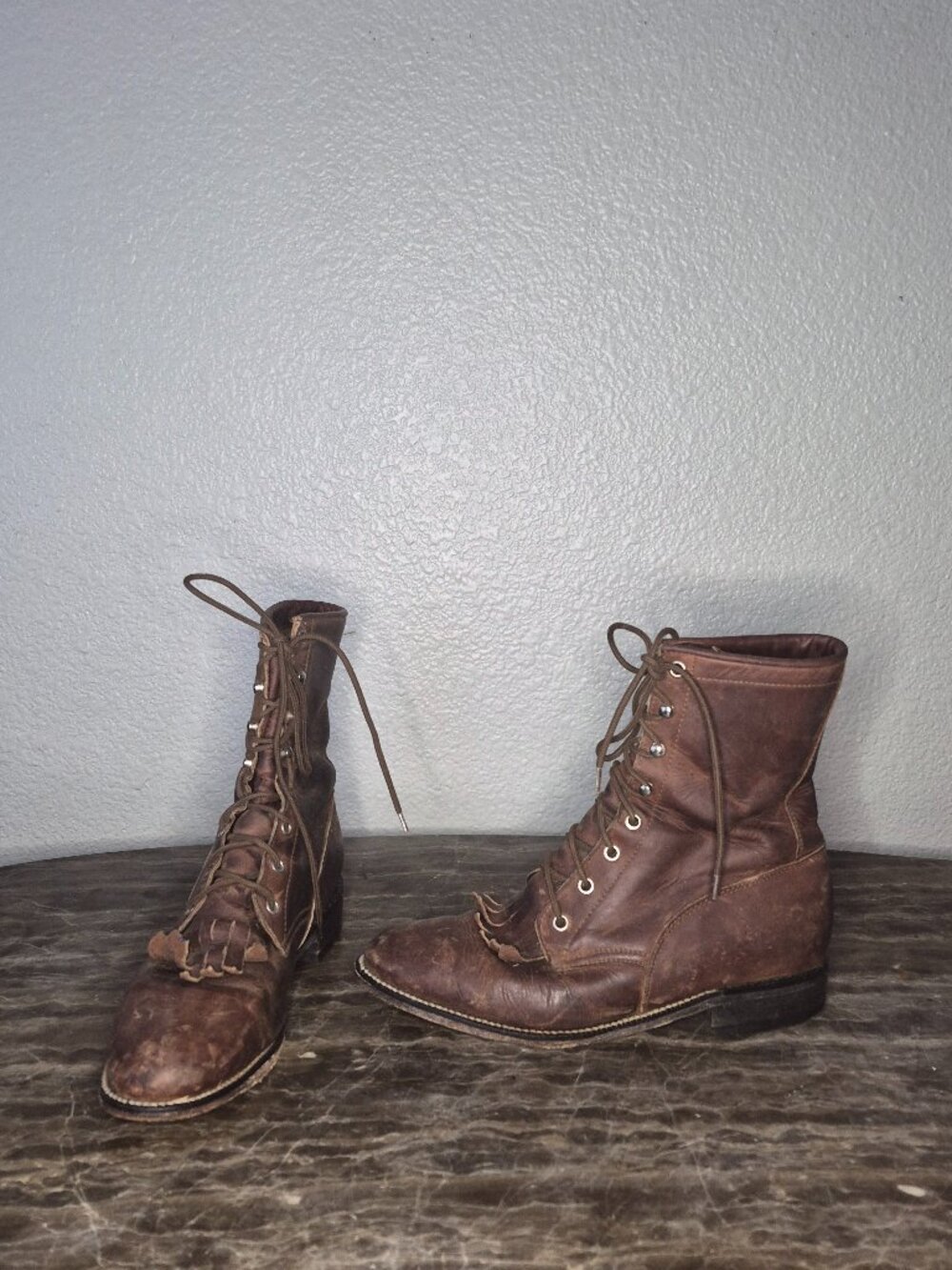 Tony Lama Brown Leather Lace-Up Roper Boots Size 7.5B Western Style